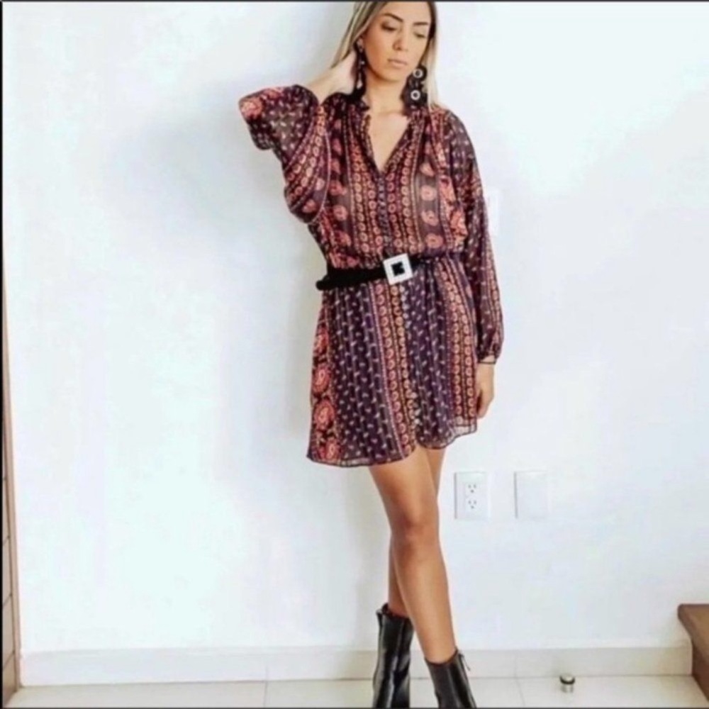 Zara Boho Paisley Print Mini Blouson Dress XS